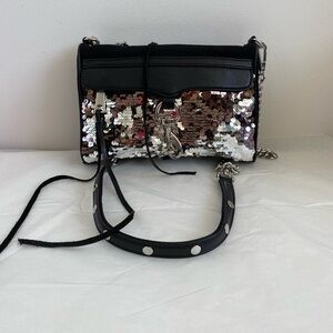 Rebecca Minkoff Black & Silver Sequin Mini Mac Crossbody Bag New
